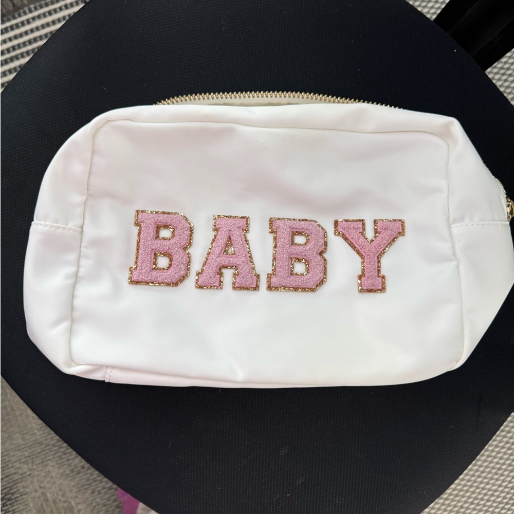 Stoney Clover Lane White Pouch with Pink Embroidery